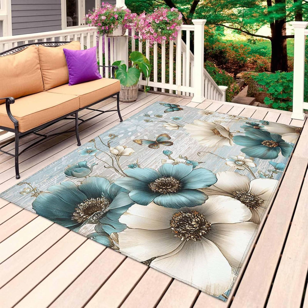 Teal Tulip Butterfly Outdoor Rug for Patio/Deck/Porch, Non-Slip Large Area Rug 4 x 6 Ft, Beige Turquoise Floral Farmhouse Blue Indoor Outdoor Rugs Washable Area Rugs, Camping Rug Carpet Runner
