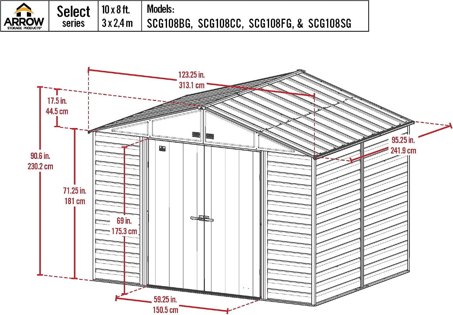 Arrow Select 10' x 8' Outdoor Lockable Steel Storage Shed Building, Blue Grey