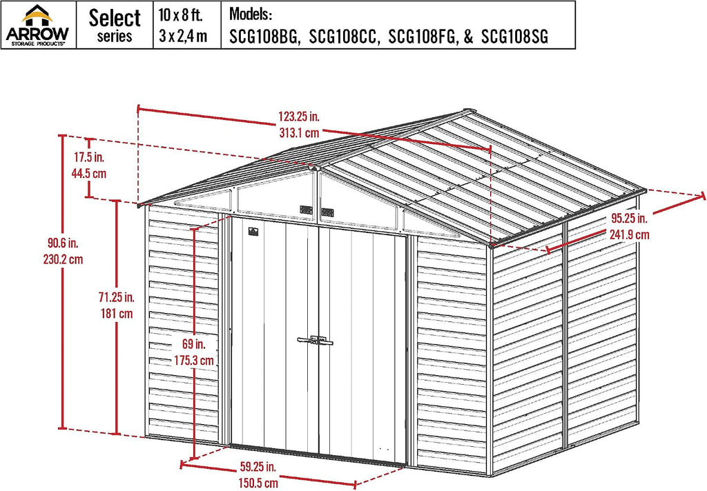 Arrow Select 10' x 8' Outdoor Lockable Steel Storage Shed Building, Flute Grey