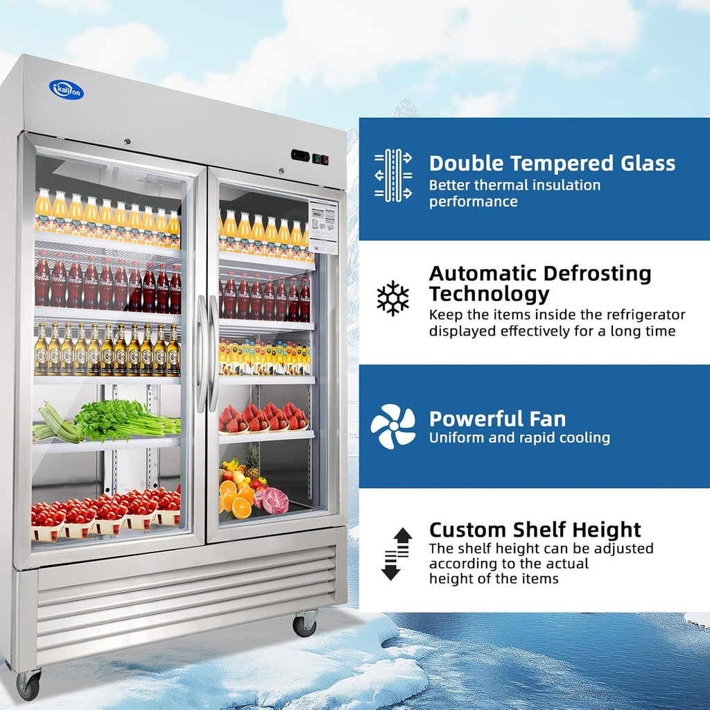 49 Cu.Ft Commercial Beverage Refrigerator, Glass Door Drink Fridge with LED Light, 8 Adjustable Shelves, Lockable Upright Merchandiser for Restaurant, Supermarket, Gym, Cafe