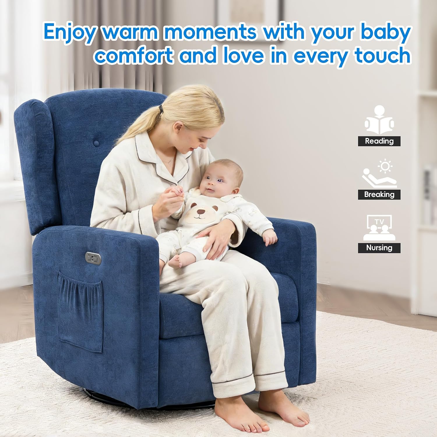 Swivel Rocker Power Recliner Chair for Nursery, 270° Swivel Glider Recliner with USB & Type-C Charging, Electric Reclining Chair with Storage Pockets, Upholstered Recliner for Living Room (NavyBlue)