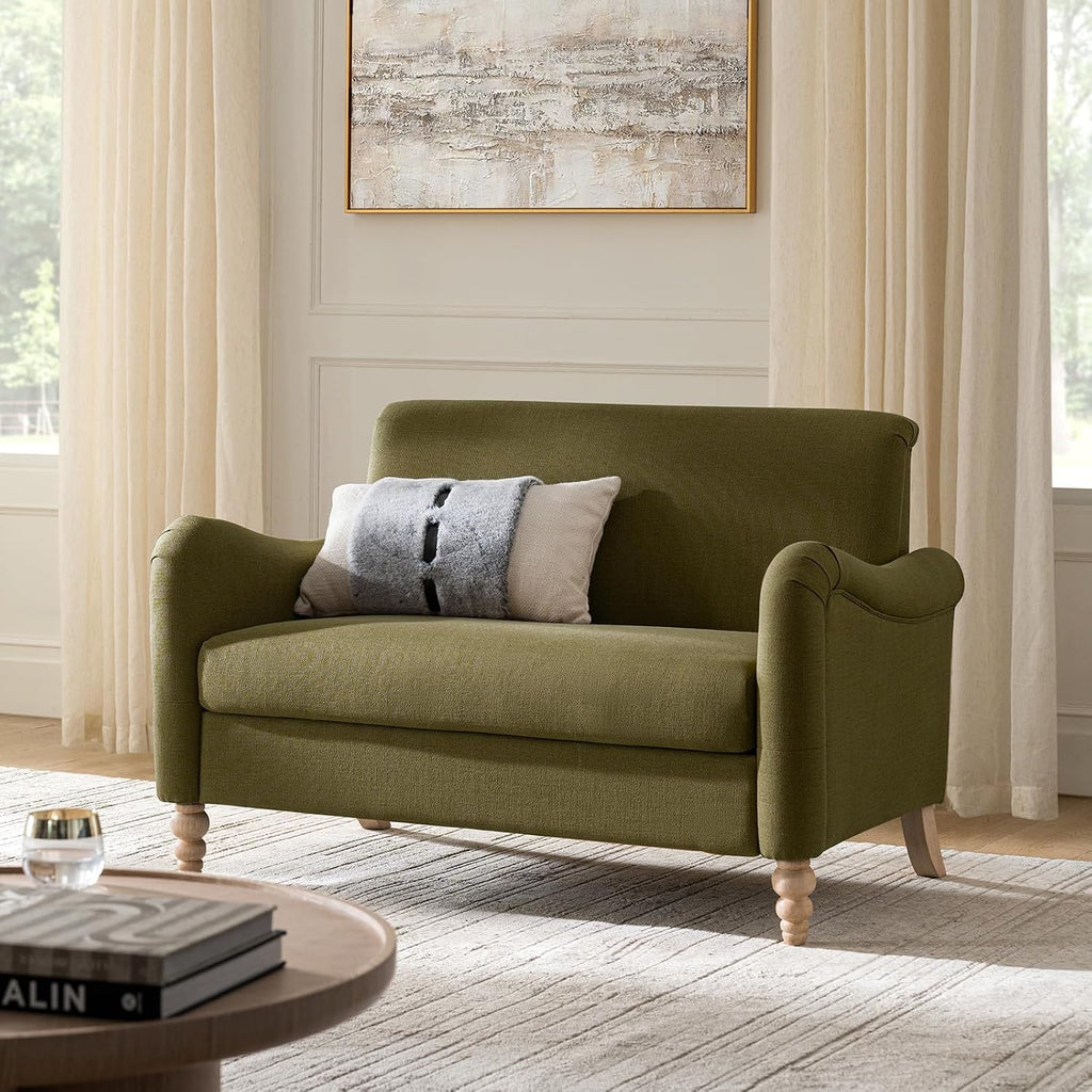 HULALA HOME 50.5' Loveseat Sofa with Stripe Pattern, 2 Seater Farmhouse Sofa with Rolled Wide Armrests and Rubber Wood Legs, Comfy Upholstered Small Couch for Living Room Bedroom, Moss