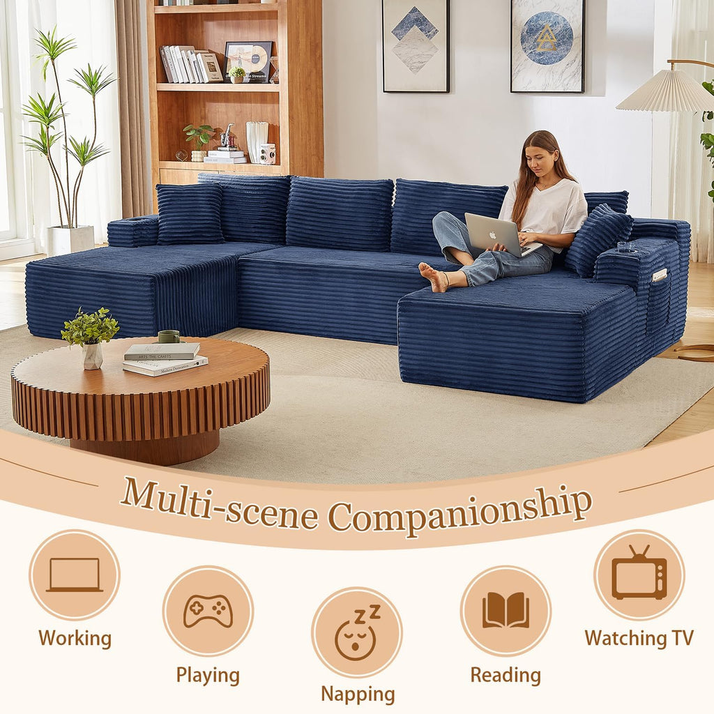 134 Inch Modular Sectional Sleeper Sofa, Boneless Cloud Couch for Living Room, U Shaped 5 Seat Sofa with 2 Storage Pockets& 2 Cup Holders, Free Combination, No Assembly Required (Blue)