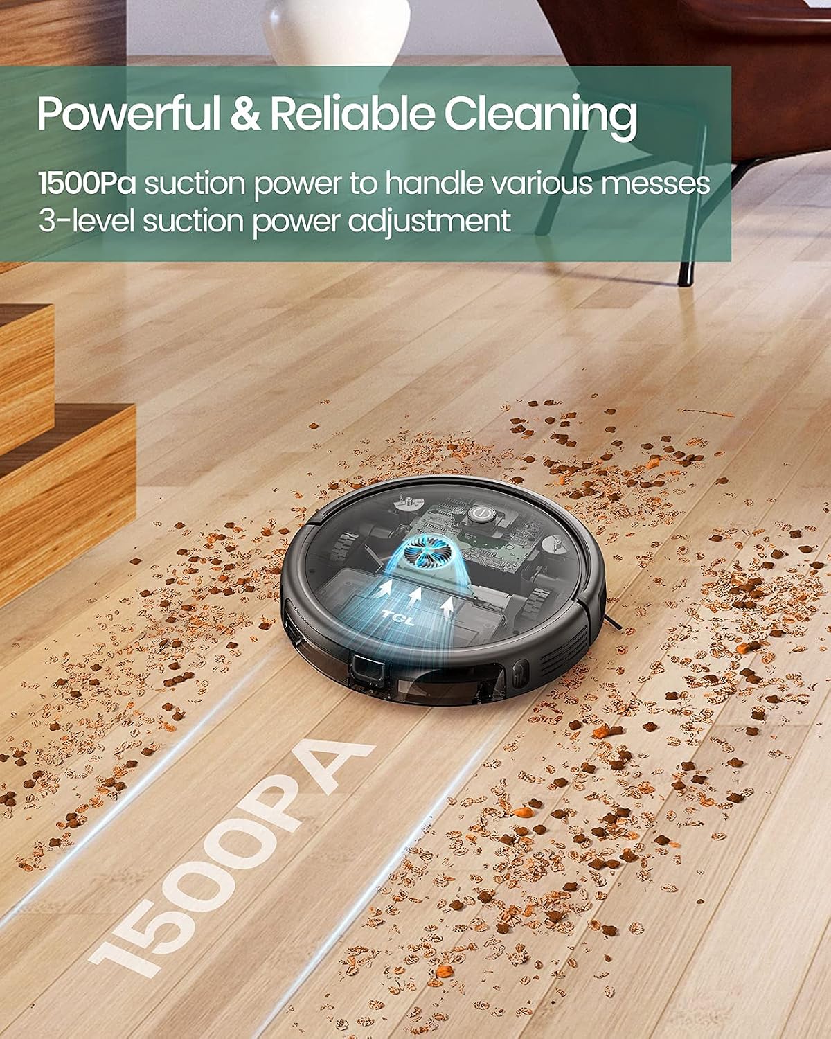 TCL Sweeva 1000 Robot Vacuum Cleaner Ultra Slim 2.76inch, Strong Suction 1500Pa, 120mins Runtime, Washable HEPA Filter, Good for Pet Hair, Hard Floor & Carpets