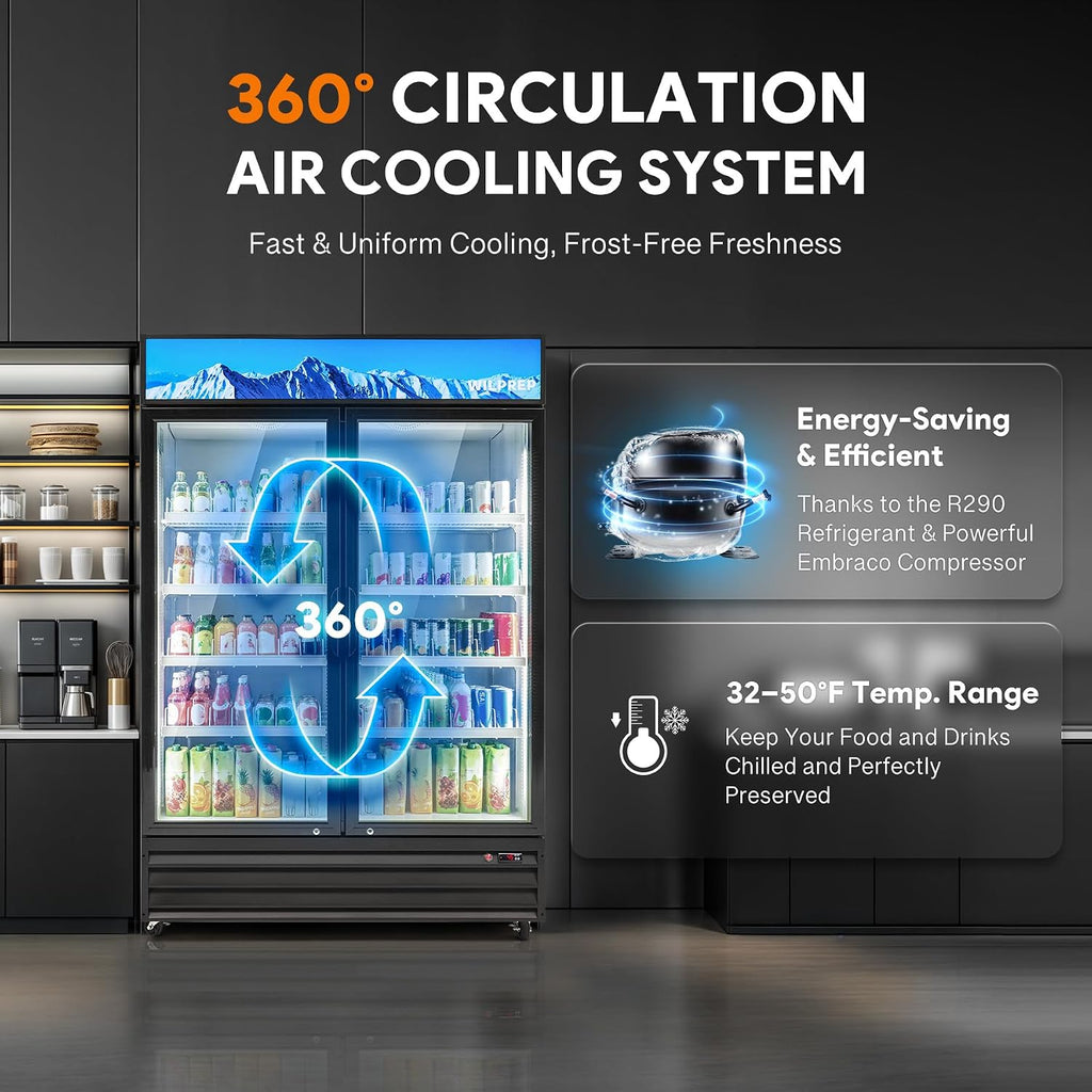 Wilprep Two Door Commercial Refrigerator, 40 cu. ft. Swing Door Merchandiser Refrigerator with Tempered Glass & LED Lighting, ETL Listed Fog Free Beverage Display Refrigerator for Office Bar Store…