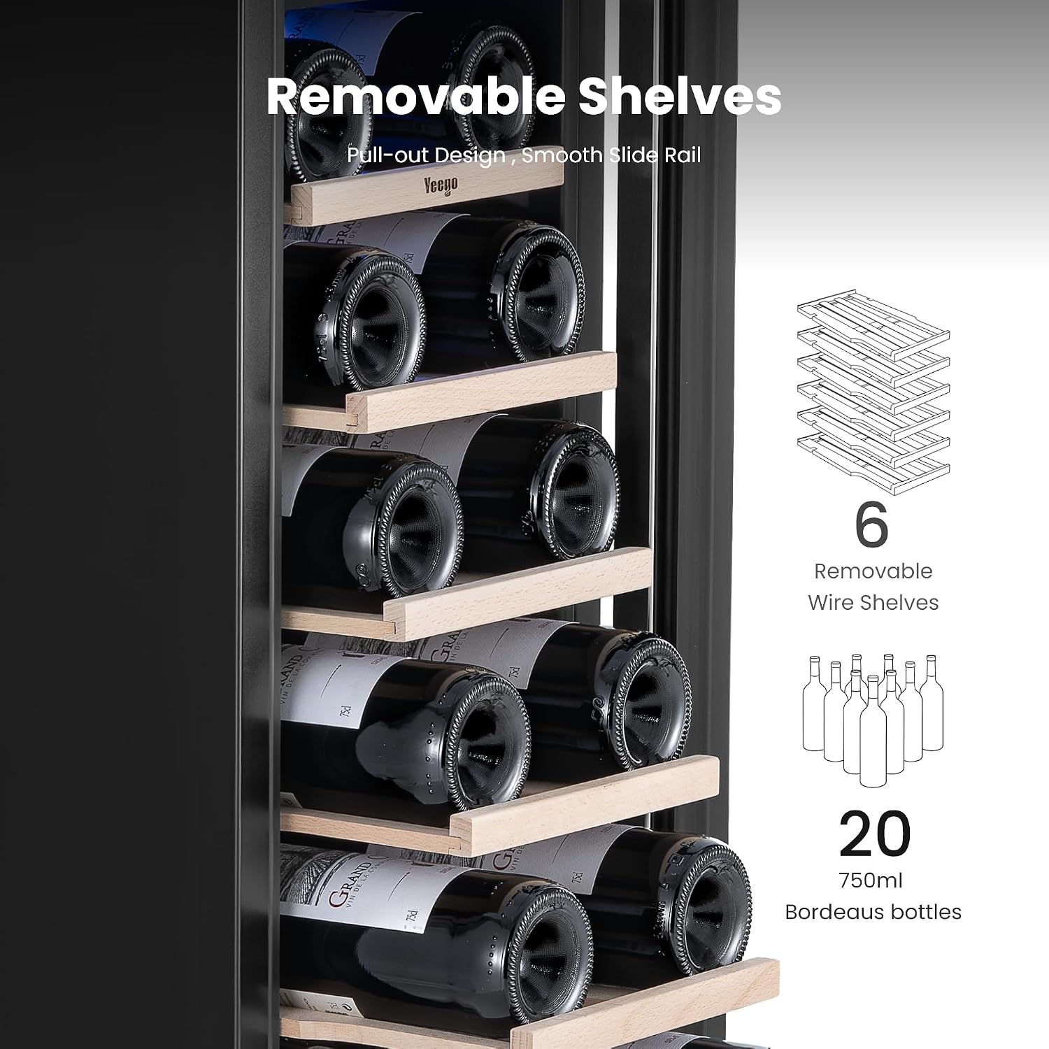 Yeego Wine Fridge Cooler - 12 Inch Wine Fridge Hold 20 Bottles, 40-65°F Wine Refrigerator Glass Door, Built in Fridge, Freestanding or Adjustable Shelves Fridge for Home Bar Office