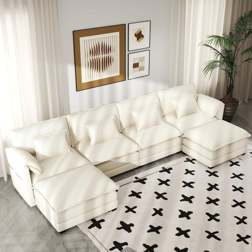 Real Relax 145'' Modular Sectional Sofa, U Shaped Corduroy Convertible Couch with Movable Ottoman 8 Pillows and 2 Armrest Pillows for Living Room, Office and Leisure Places, Beige