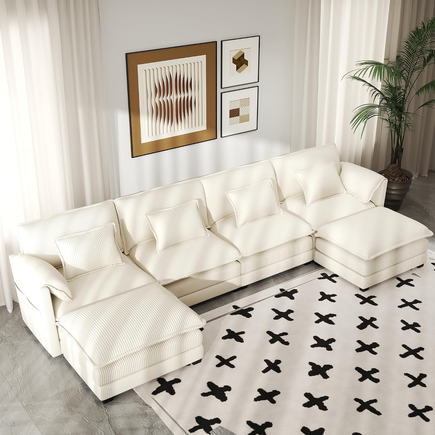 Real Relax 145'' Modular Sectional Sofa, U Shaped Corduroy Convertible Couch with Movable Ottoman 8 Pillows and 2 Armrest Pillows for Living Room, Office and Leisure Places, Beige