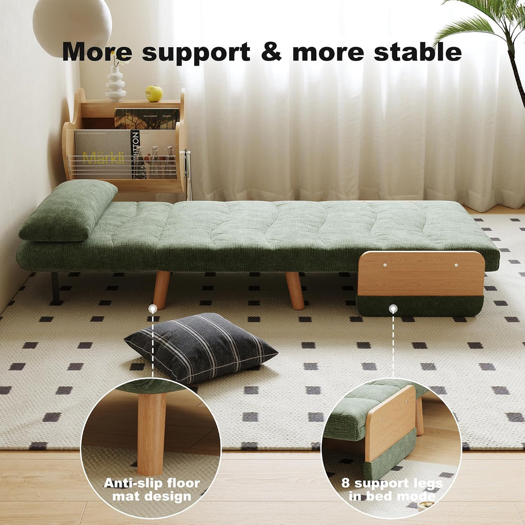 Convertible Lounger Fold-Out Sofa Bed, 3-in-1 Sleeper Sofa，Adjustable Backrest, Modern-Style Sofa for Small Spaces, Bedrooms & Offices(Green,35.43)