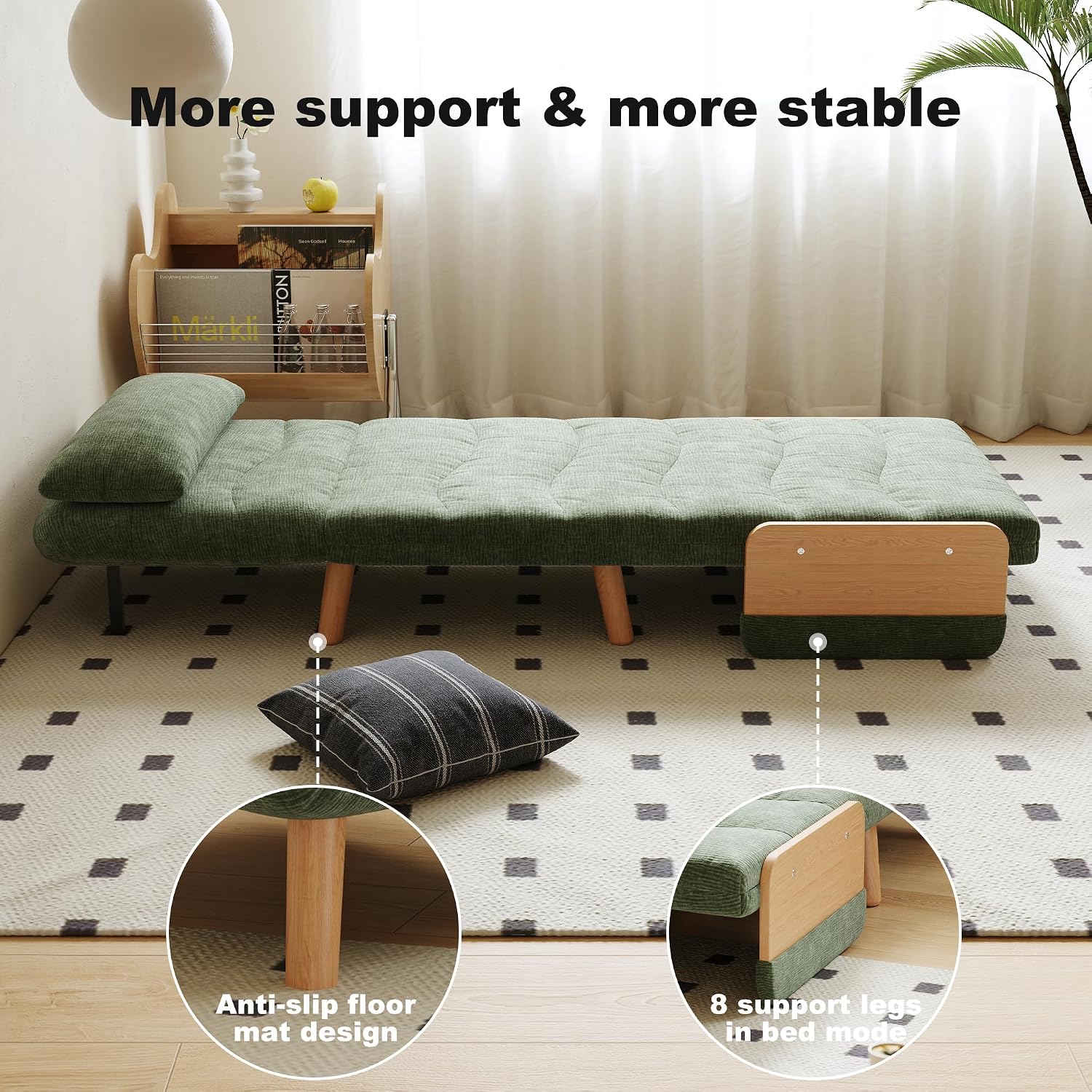 Convertible Lounger Fold-Out Sofa Bed, 3-in-1 Sleeper Sofa，Adjustable Backrest, Modern-Style Sofa for Small Spaces, Bedrooms & Offices(Green,35.43)