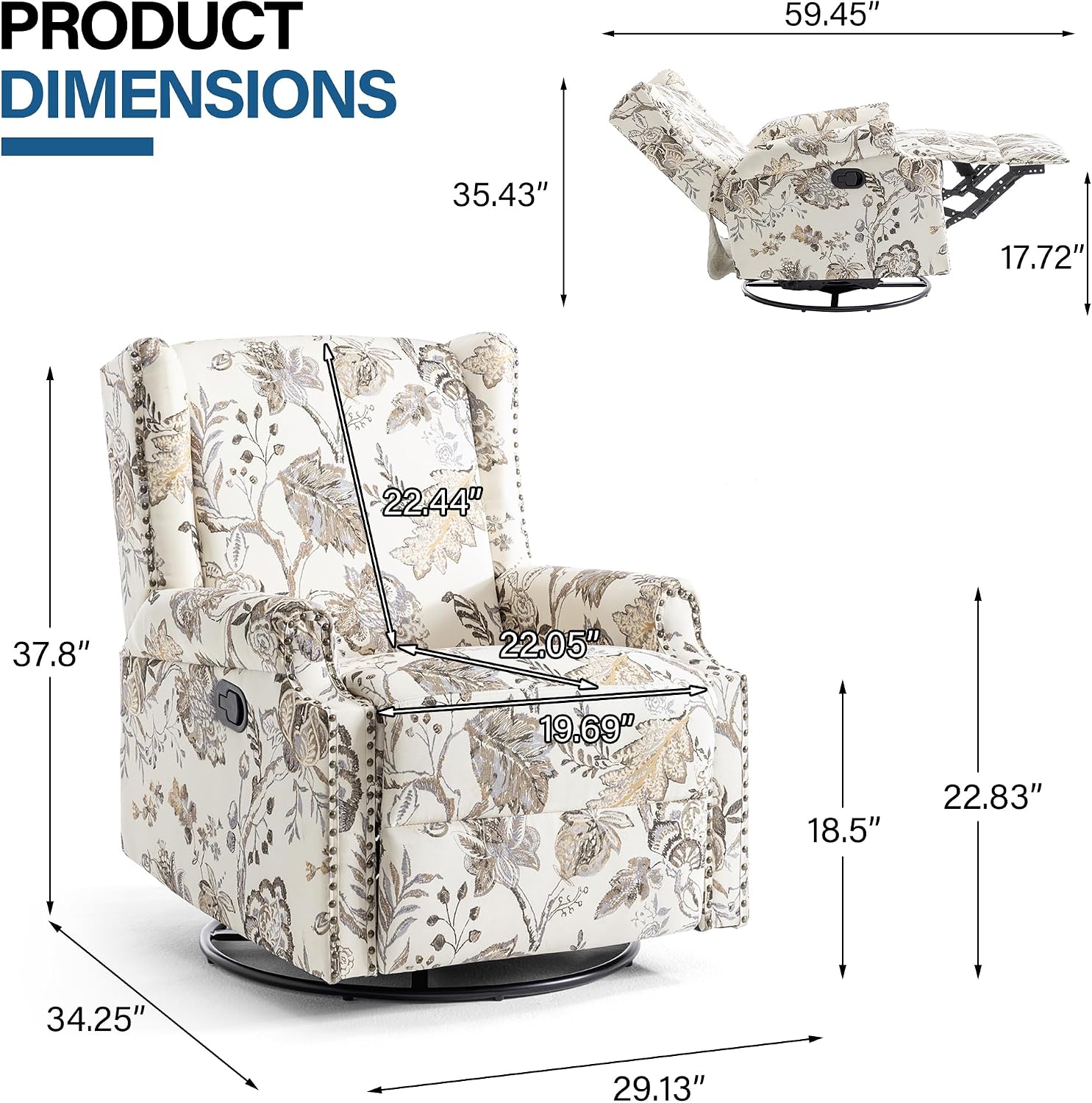 Swivel Rocker Recliner Chair, 360° Swivel Wingback Recliner Chairs for Adults, Upholstered Printed Fabric Glider Rocking Chair with High Back, Deep Seat for Living Romm Bedroom, Plants Beige