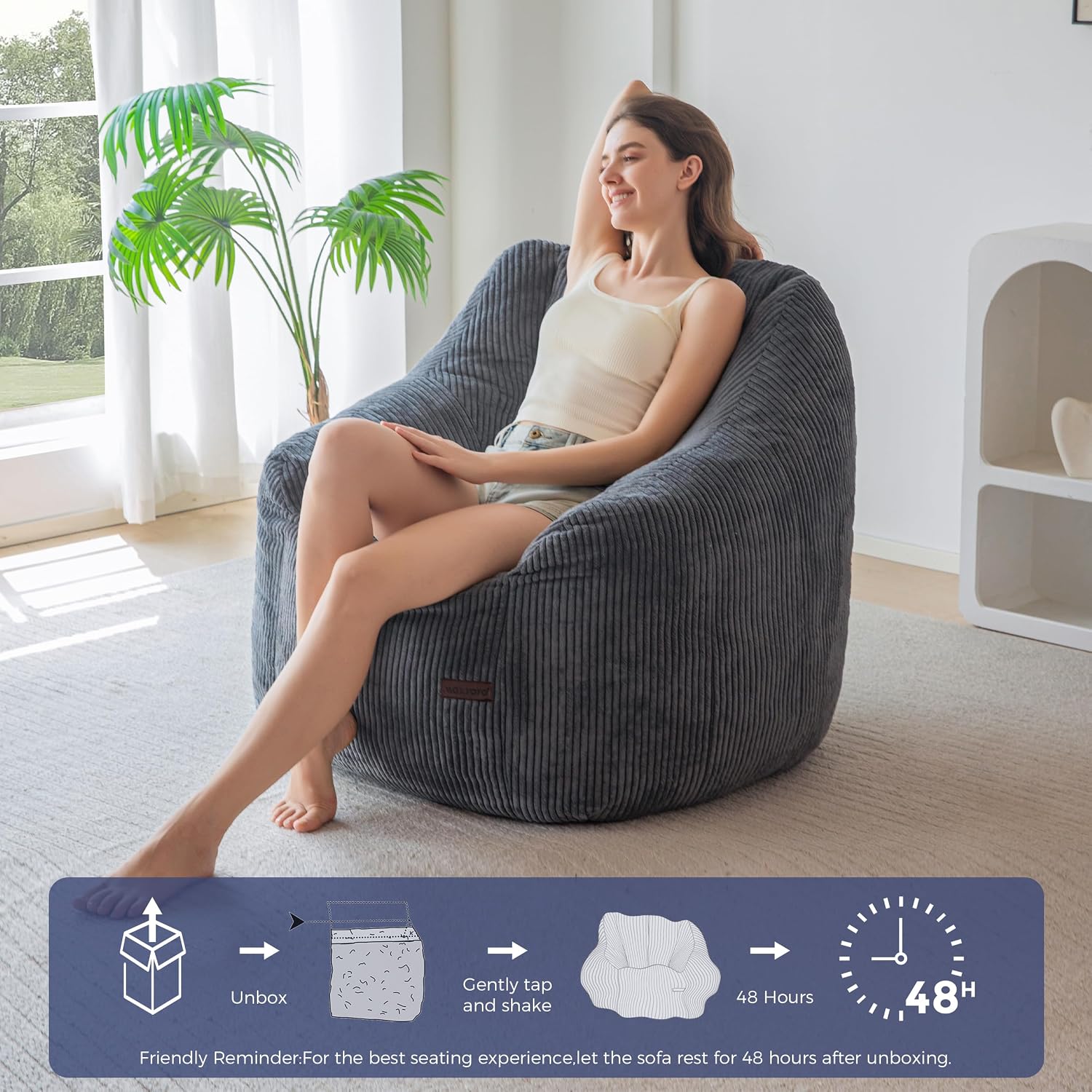 MAXYOYO Bean Bag Chair, Bean Bag Sofa with Filler, Cozy Living Room Chair for Adults and Kids, Stuffed Floor Sofa for Bedroom Dorm Reading, Dark Grey