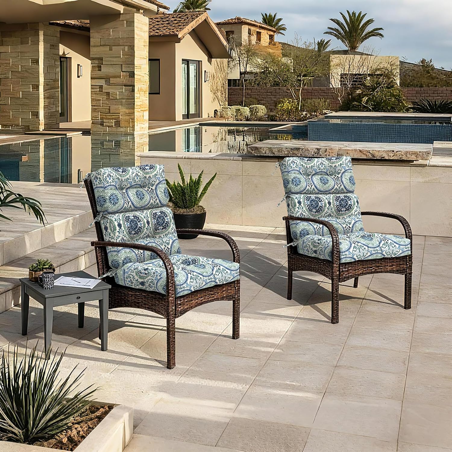 Outdoor High Back Chair Cushions Set of 2, Water-Resistant Seat Cushion Rocking Chair Cushion with tie 44×20×4 inch, Celadon Wreath