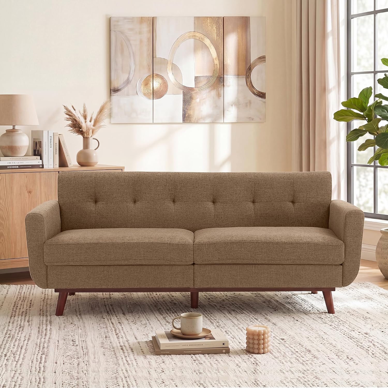 Kingfun 77.2' W Loveseat Sofa, Mid Century Modern Decor Love Seat Couches for Living Room, Button Tufted Upholstered Furniture, Solid & Easy to Install Small Couch for Bedroom, Office Apartment, Brown