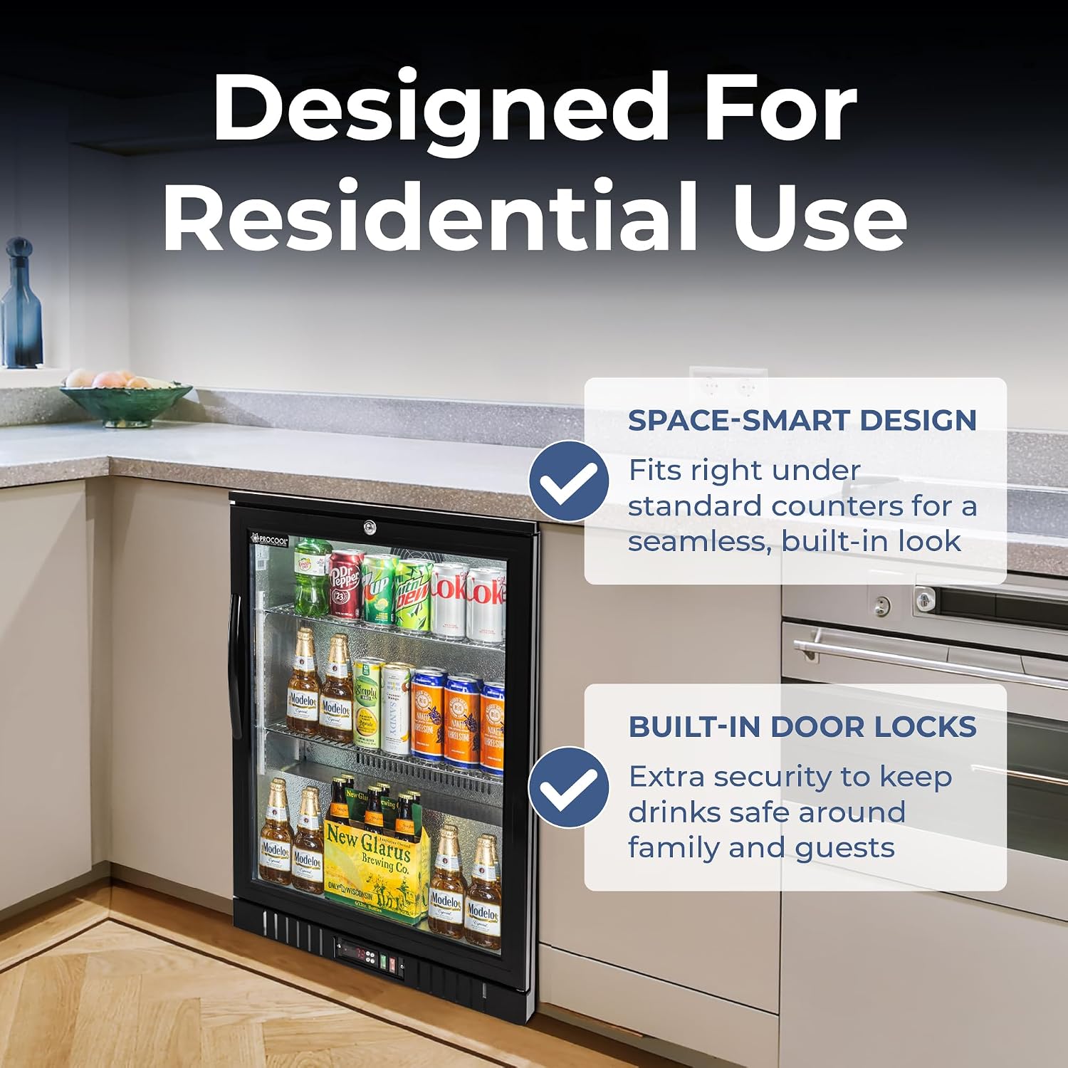 Procool 1-Door Undercounter Refrigerator - 33' Tall Energy Efficient Black Beverage Cooler With Glass Door & White LED Lights - Residential Beverage Refrigerator For Entertaining Spaces & Home Bars