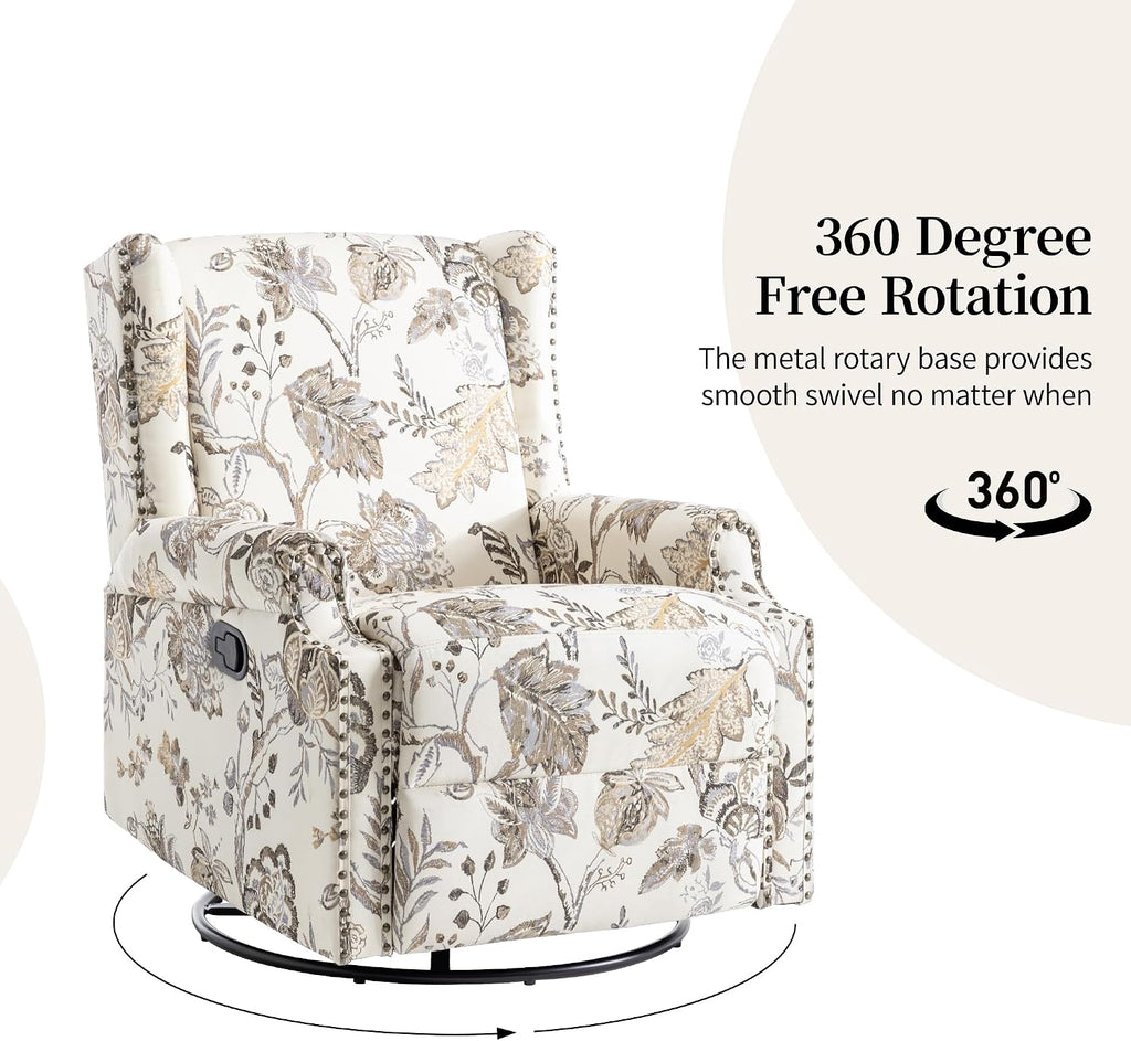 Swivel Rocker Recliner Chair, 360° Swivel Wingback Recliner Chairs for Adults, Upholstered Printed Fabric Glider Rocking Chair with High Back, Deep Seat for Living Romm Bedroom, Plants Beige