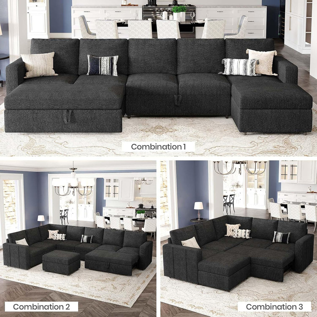 Belffin Modular Sectional Sofa with Sleeper Sofa Couch Pullout Bed, Oversized U Shaped Sleeper Sectional Couch with Storage Seat for Living Room, Dark Grey