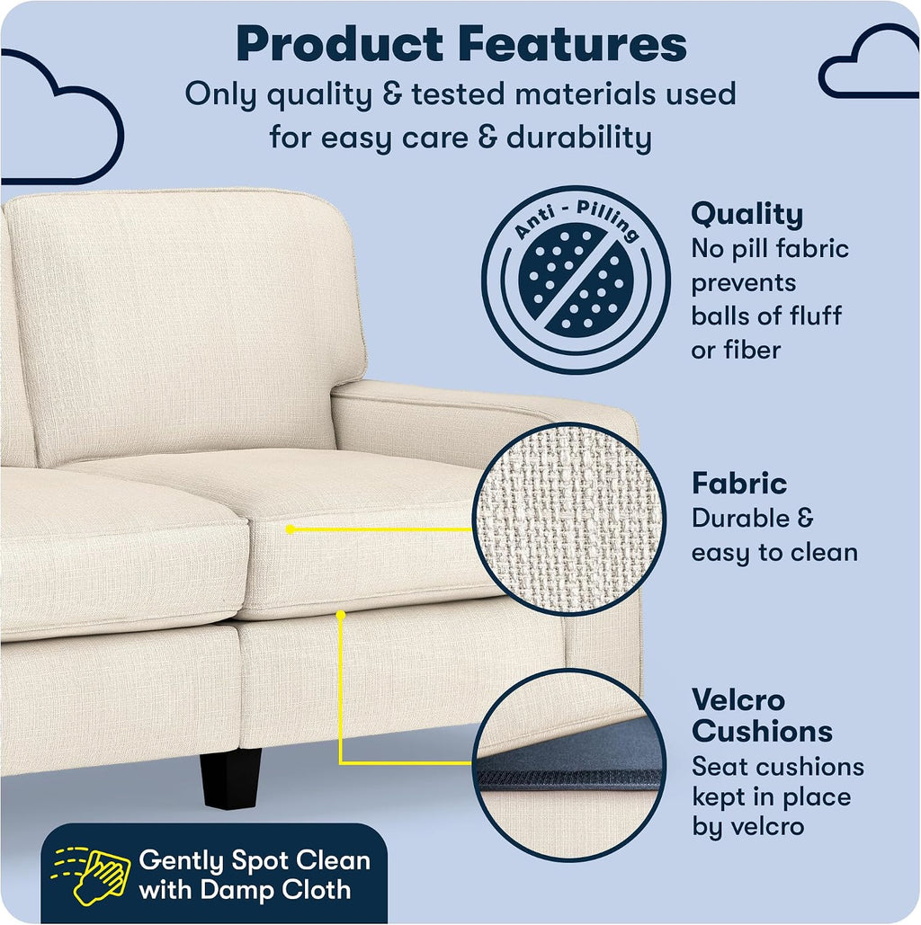 Serta Palisades 61' Track Arm Sofa, Easy Care Polyester, Soft Pillow Back, Pocket Coil Seat Cushions, Removable Covers, Loveseat or Couch for Small Spaces, Living Rooms or Bedrooms, Buckwheat Beige