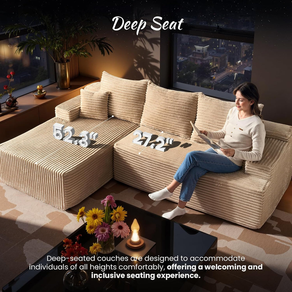 ovios 104' Cloud Boneless Couch with Glitter Fabric, Moudular Sectional Sofa with Deep Seat, No Assembly Required, Modern Minimalist L Shaped Couches with Chaise for Living Room, Beige