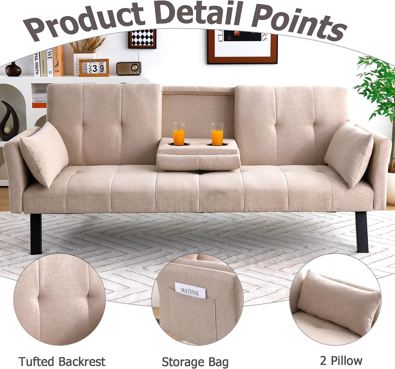70' Futon Sofa with Cupholders,Adjustable Backrest Cotton Linen with Cup Holders and 2 Throw Pillows Sleeper Sofa for Living Room Apartment Small Space (Beige)