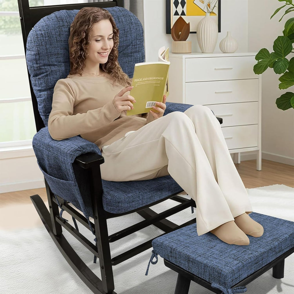 SINOSSO Glider Rocker Cushion Set (5 Pcs), Soft Blended Fabric High-Density Support Foam Seat Cushions with Ties, Fits Rocking Chair/Nursery Glider & Ottoman, Blue