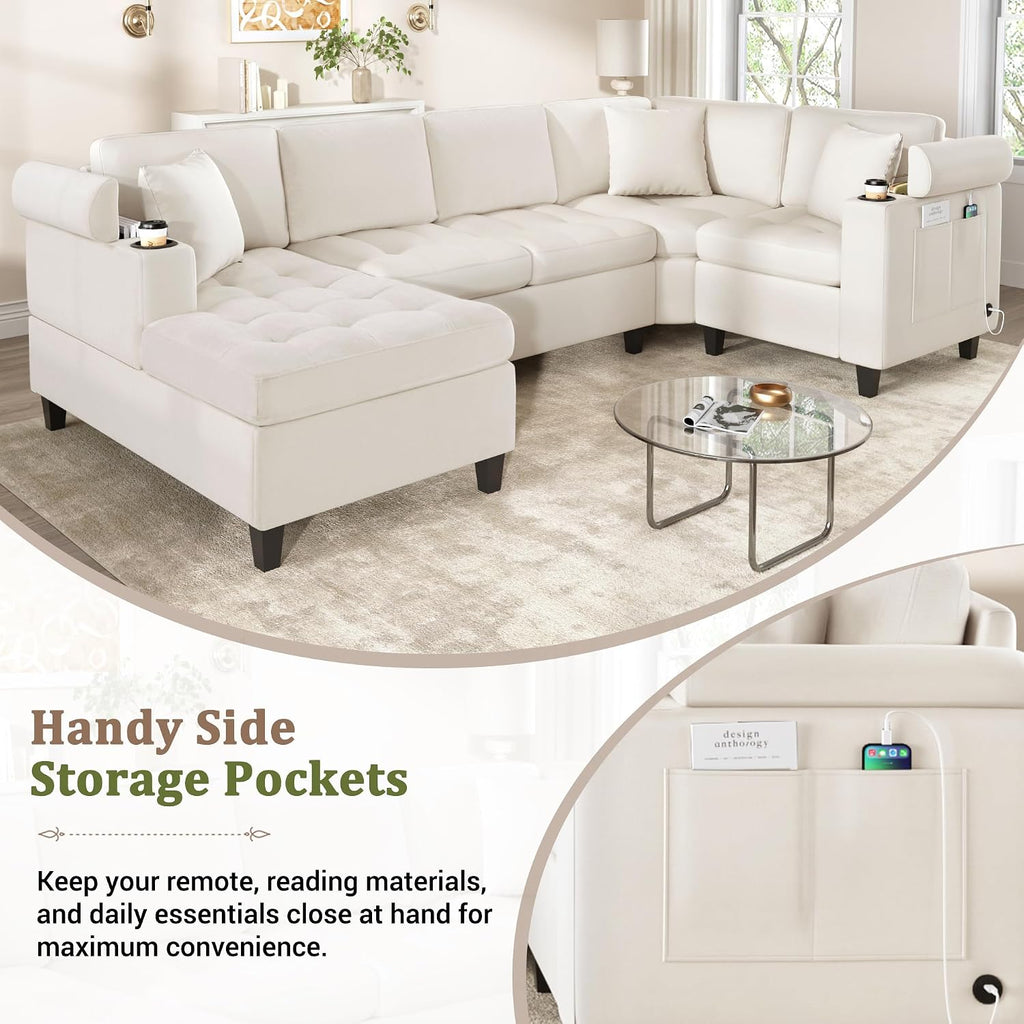 Merax 115.7' U-Shaped Chenille Sectional Sofa, 4 Seat Corner Couch Oversized with Built-in Cup Holders, 3 Pillows, Storage Space for Living Room, Beige