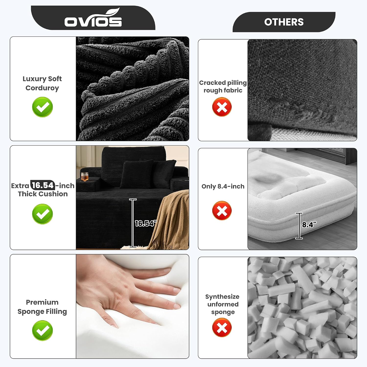 ovios 67'' Chaise Lounge Chair Indoor, Oversized Upholstered Boneless Sofa Bed with Cup Holders, Deep Seat Sleeper Couch, Plush Cloud Sofas Couches for Living Room (Corduroy, Black)