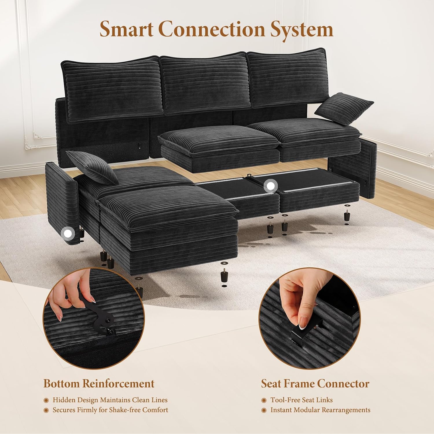 Vesgantti 108' Cloud Couch for Living Room, Deep Seat Sectional Modular Sofa with Ottoman, Double Cushion Corduroy L Shaped Sofas Set Easy Rearrange for Apartment, Office, Bedroom, Dark Grey
