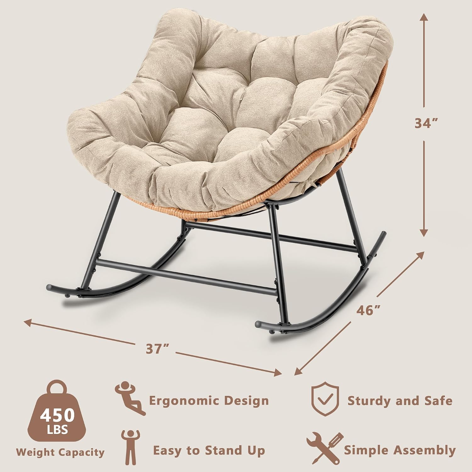 Outdoor Comfy Rocking Chair with Thick Cushion, Rattan Rocker Egg Chair Indoor with Straps, Patio Rocking Chair 450lbs for Garden, Backyard, Balcony, Lawn, Bedroom, Living Room (Beige)