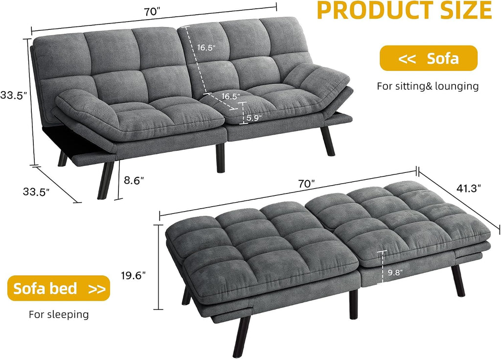 YITAHOME Convertible Futon Sofa Bed, 70' Folding Futon Set for Living Room Home Office Aprtment, Modern Futon Couch with Adjustable Backrest & Armrests, Recliner Lounge, Loveseat Sofa