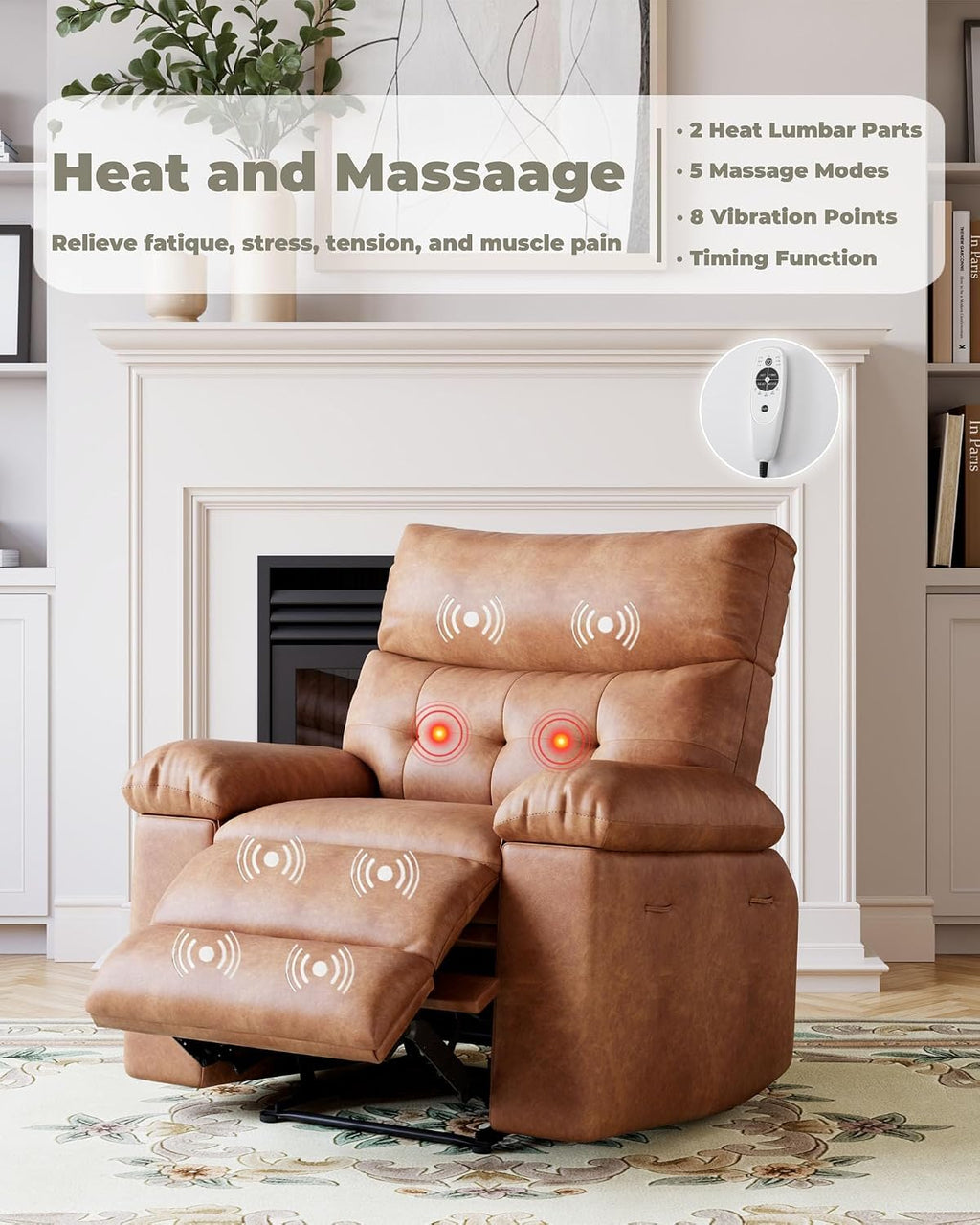 Oversized Recliner Chair with Heating & Massage, XL Faux Leather Nursery Rocking Chairs for Adults with Cup Holder and Side Pockets, Swivel Chair for Living Room, Bedroom Retro
