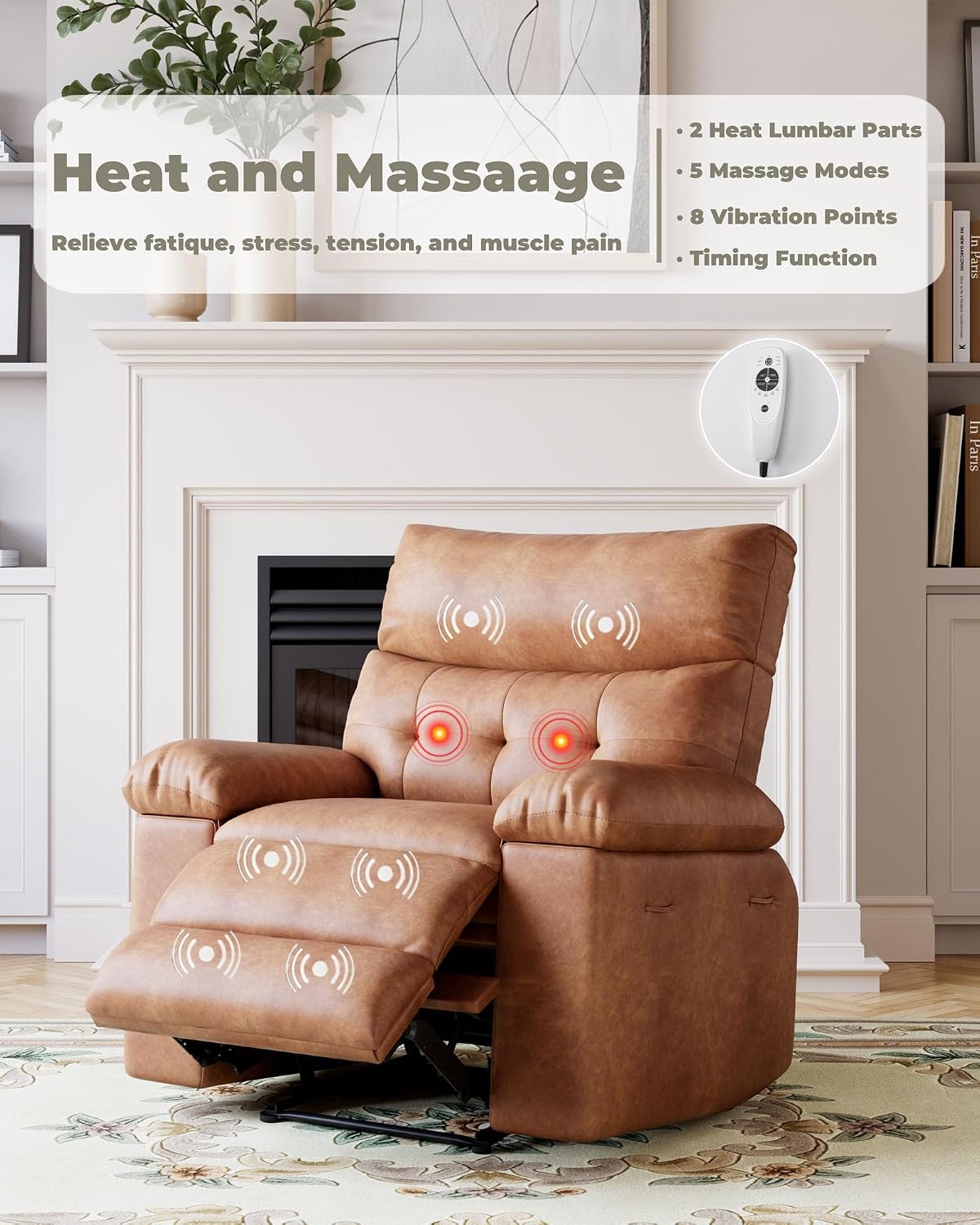 Oversized Recliner Chair with Heating & Massage, XL Faux Leather Nursery Rocking Chairs for Adults with Cup Holder and Side Pockets, Swivel Chair for Living Room, Bedroom Retro