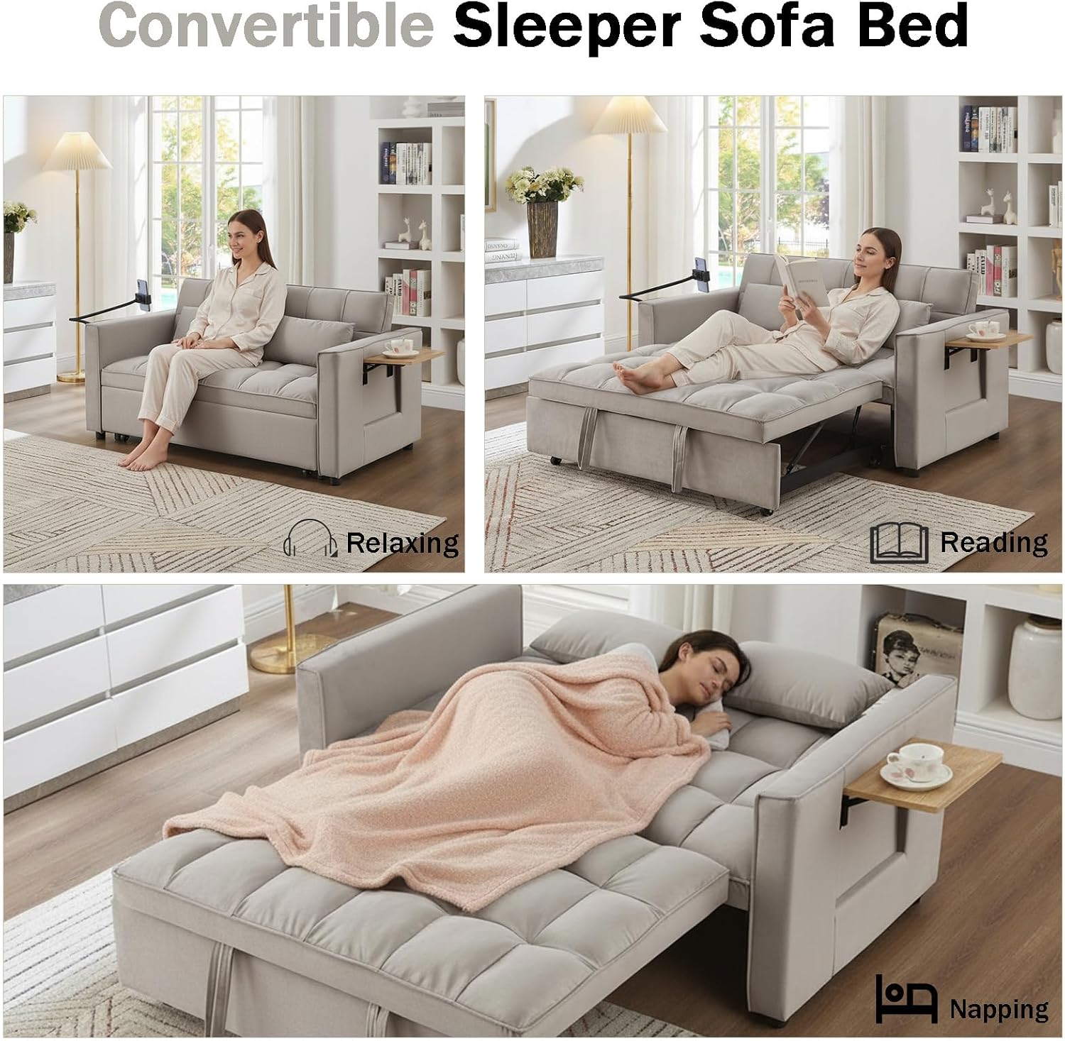 Convertible Sofa Bed, Pull Out Couch with 3-Position Reclining Backrest, Modern Velvet Upholstery Futon Sofa Bed, Loveseat Couch for Living Room, Apartments & Guest Rooms (Grey-L)