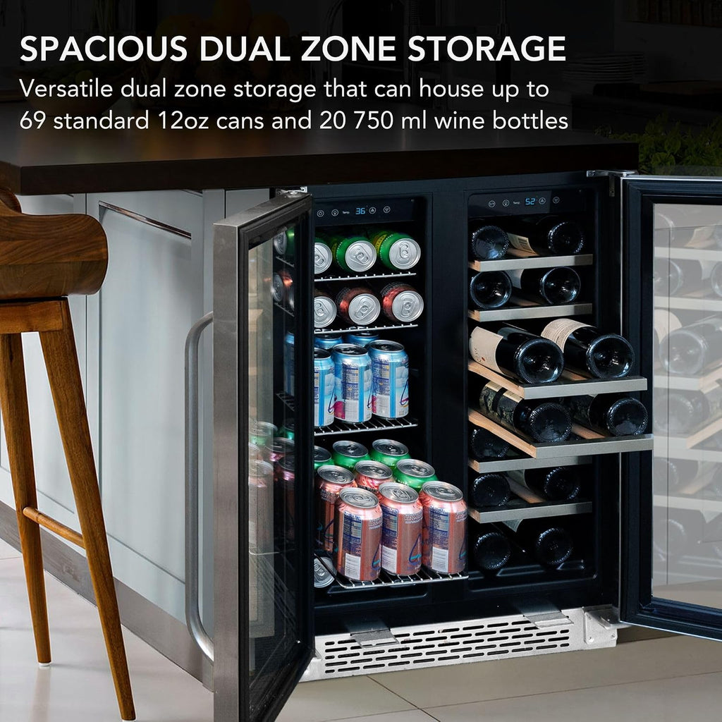 Whynter Cooler BWB-2060FDS Built-in French Door 20 Bottle Wine Refrigerator 69 Can Beverage Center, Stainless Steel, 24' Wide Dual Zone, Silver