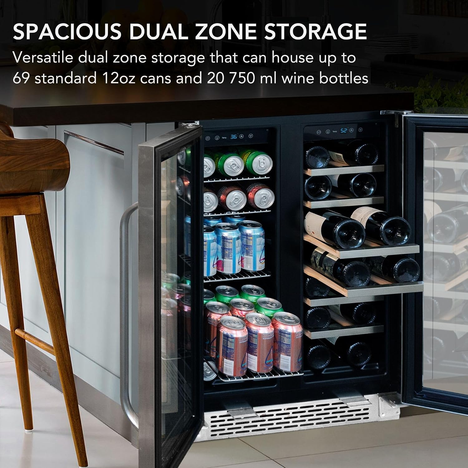 Whynter Cooler BWB-2060FDS Built-in French Door 20 Bottle Wine Refrigerator 69 Can Beverage Center, Stainless Steel, 24' Wide Dual Zone, Silver