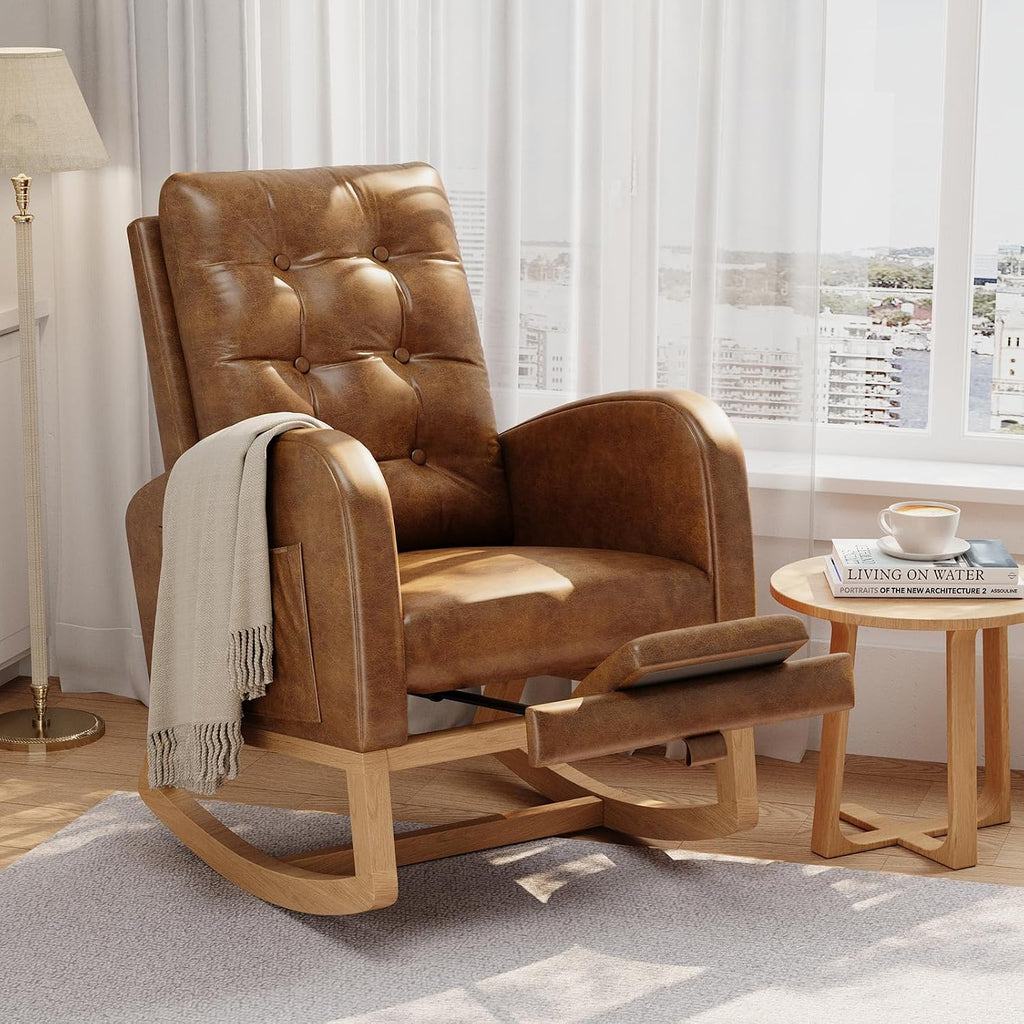 GarveeHome Nursery Rocking Chair with Adjustable Footrest, PU Leather Upholstery, Sturdy Wooden Legs & High Backrest, Comfortable Glider Rocking Chair for Living Room or Bedroom, Orange
