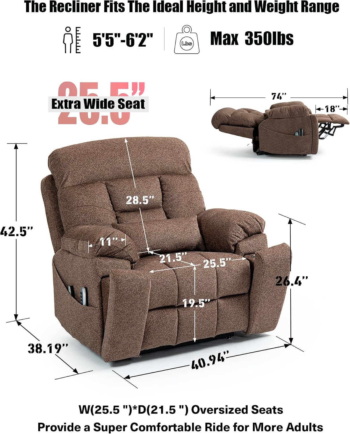 25''Oversized Lazy Boy Recliner Chair, Power Lift Recliner Chair for Elderly, Electric Recliner Chairs for Adults with Massage and Heat, Double Motor Lay Flat Recliner with Cup Holder, Side Pocket