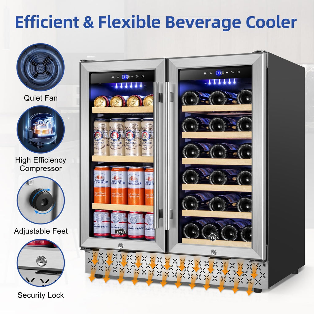 Tylza 30 Inch Wine and Beverage Refrigerator, Dual Zone Wine Beverage Cooler 30' with French Door, Under Counter Wine Beer Fridge Built-In or Freestanding, Holds 29 Bottles and 110 Cans TYBC200