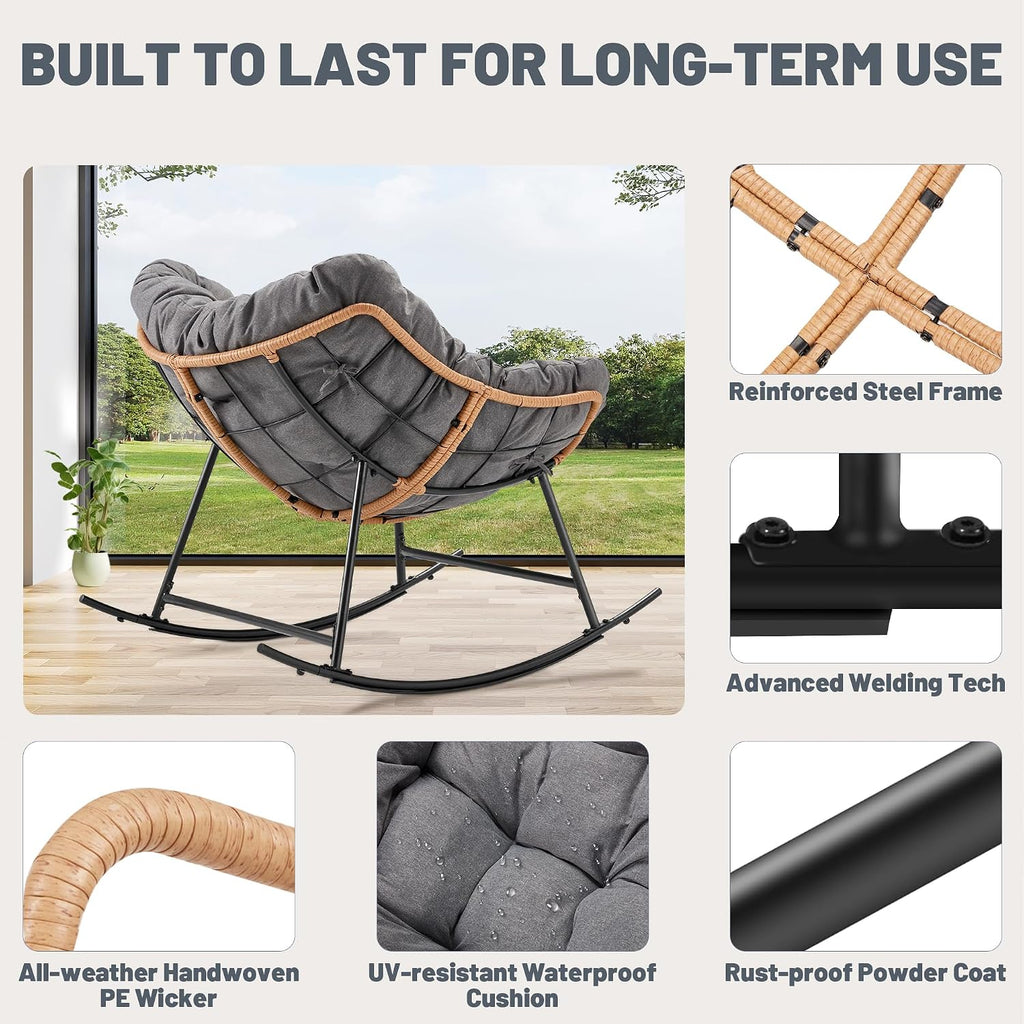 Outdoor Comfy Rocking Chair with Thick Cushion, Rattan Rocker Egg Chair Indoor with Straps, Patio Rocking Chair 450lbs for Garden, Backyard, Balcony, Lawn, Bedroom, Living Room (Dark Gray)