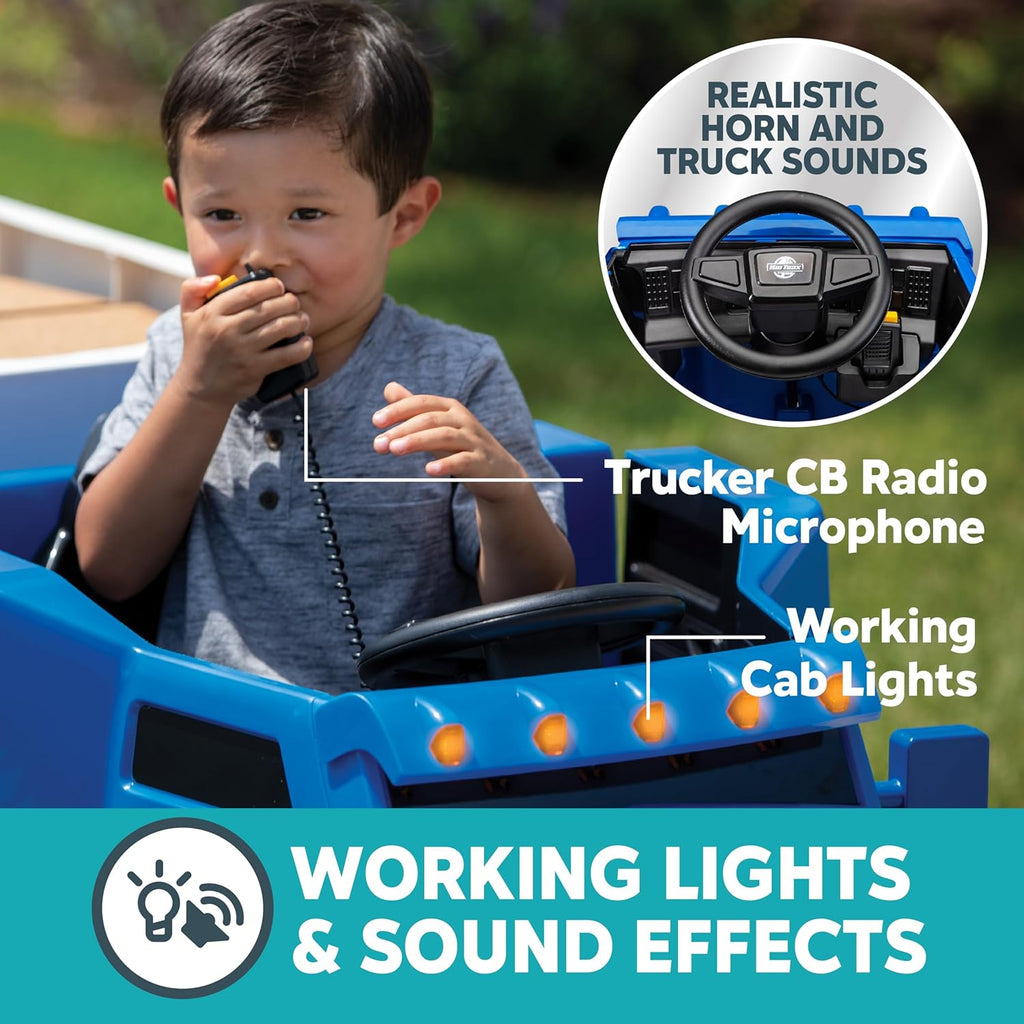 Kid Trax 12V Semi-Truck and Trailer, Battery Powered Ride-On Toy Truck, Ages 3-5, Max Weight 77 lbs, One Rider, Working Lights, Horn, Sounds, Electric Cars for Kids Ages 3-5, Kids Ride On Toys, Blue