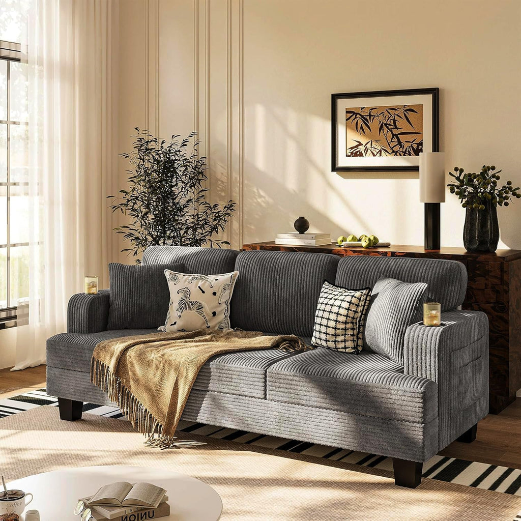 83' Modern Couch with Cup Holders, 3 Seater Couch with Comfy Pillow & Side Storage Pockets, Corduroyn Small Couch with Deep Seat Couch for Living Room, Bedroom, Apartment and Office (Charcoal Gray)