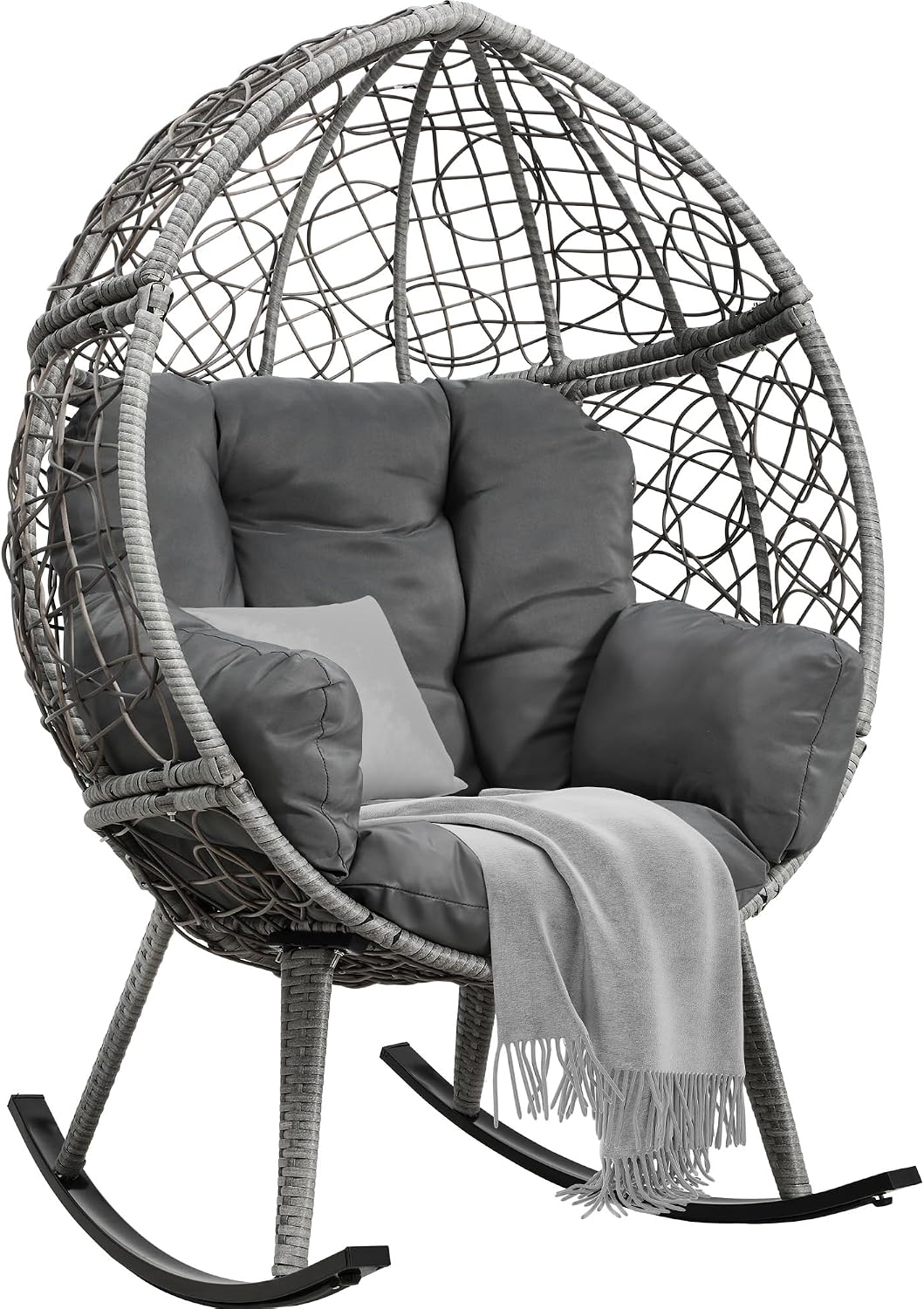 YITAHOME Wicker Rocking Egg Chair, Outdoor Patio Rocking Chair with 5.9in Thick Cushion, 250lb Capacity, Anti-Slip, All-Weather Resilient Egg Lounger Chair for Indoor & Outdoor, Grey(1 Pack only)