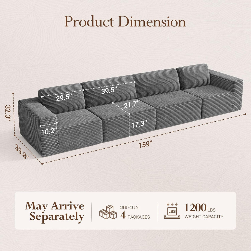 Vesgantti 159' Modular Sectional Sofa, Corduroy Cloud Couch with Extra Deep Seats & Spring Support, Flexible Layout 4-Seater Boneless Couch, No Assembly Required, Grey