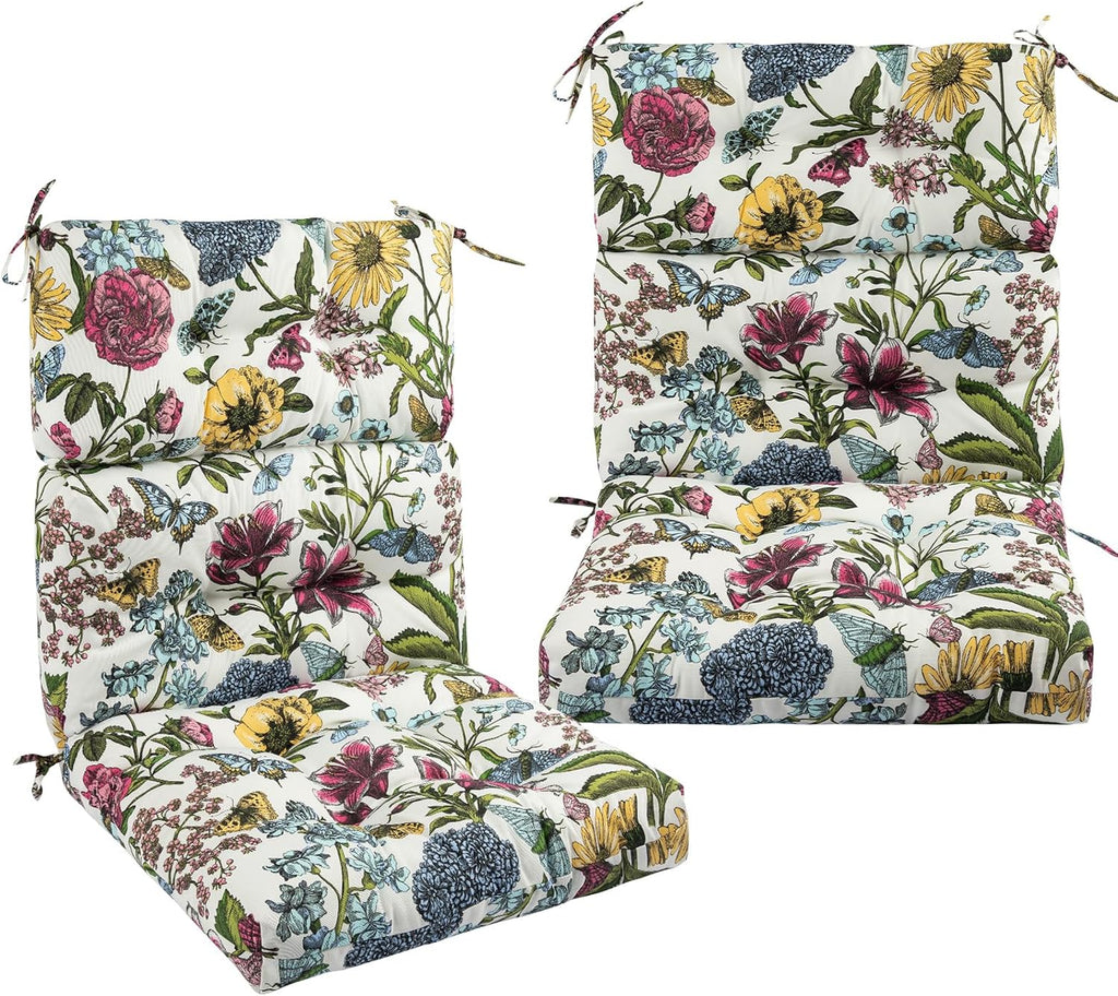 FUNHOME Outdoor High Back Chair Cushions Set of 2,Reversible Lawn Chair Cushion 44 x22 inch,Water Resistant Tufted Adirondack Chair Cushion,for Garden Rocking Chair,Patio Furniture(Butterfly Flower)
