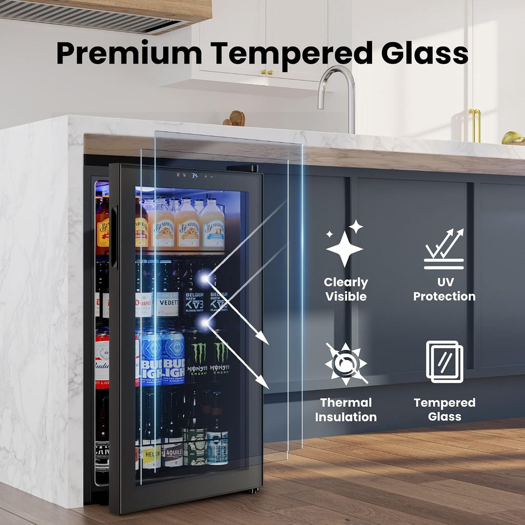 Yeego Beverage Refrigerator, 130-Can Mini Fridge with Glass Door, Adjustable Shelves & Digital Temperature Control for Soda, Beer, and Wine – Suitable for Home or Office Use