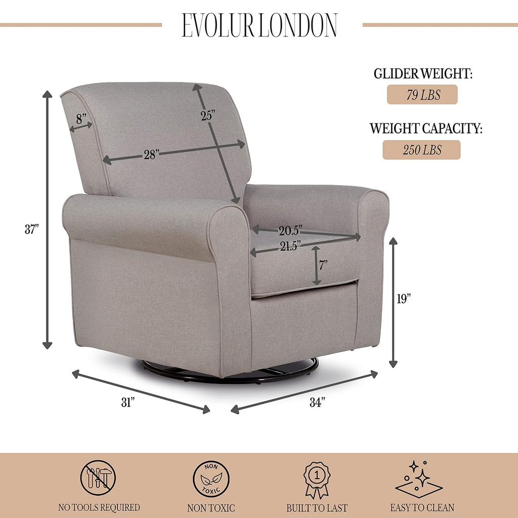 Evolur London Upholstered Plush Seating Glider Swivel, Ergonomically Designed for Nursery in Fossil, Tool-Free Assembly, Easy to Clean, Greenguard Gold Certified, Environmentally Conscious Glider