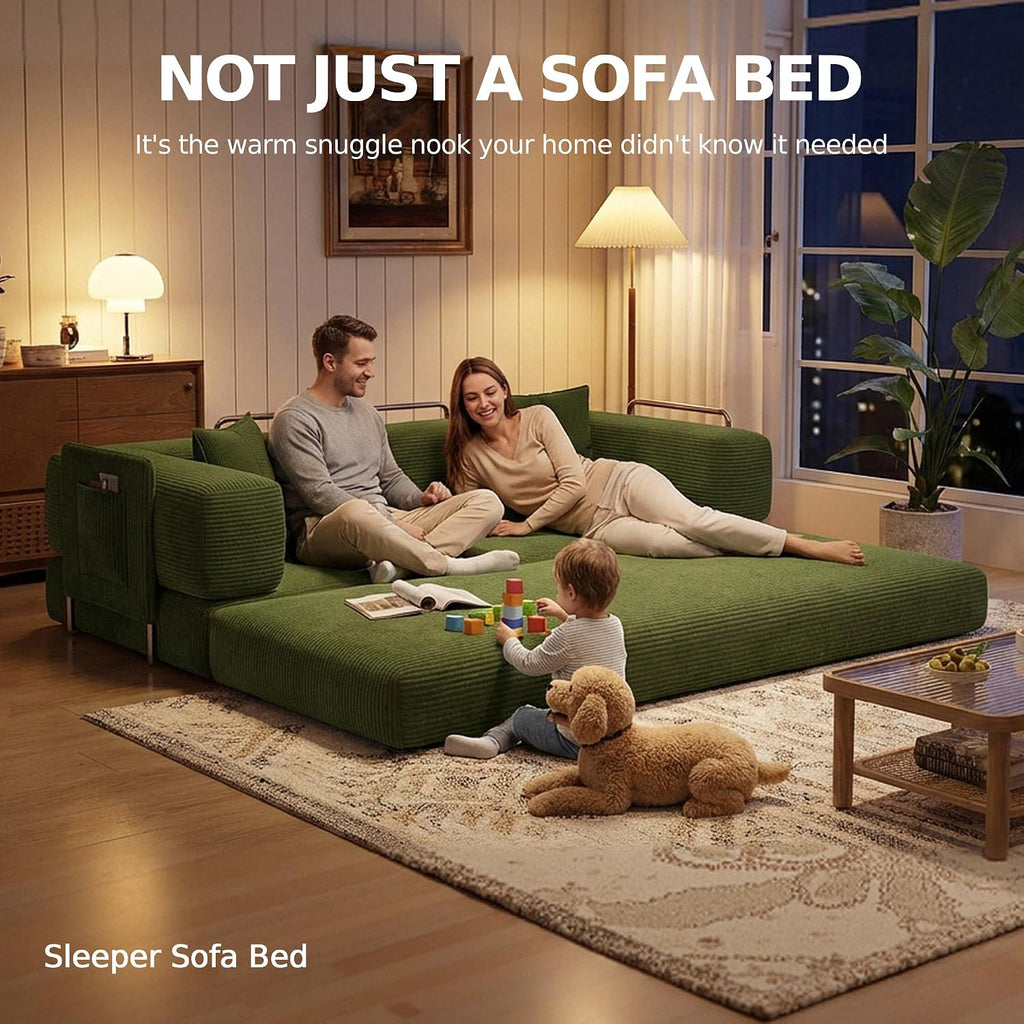 MoonSpeak 78.8''Sleeper Couch Bed for Livingroom,Convertible Modular Sofa with Armrest Pillow,Modular Foldable Corduroy Couches in a Box,No Assembly (Green)