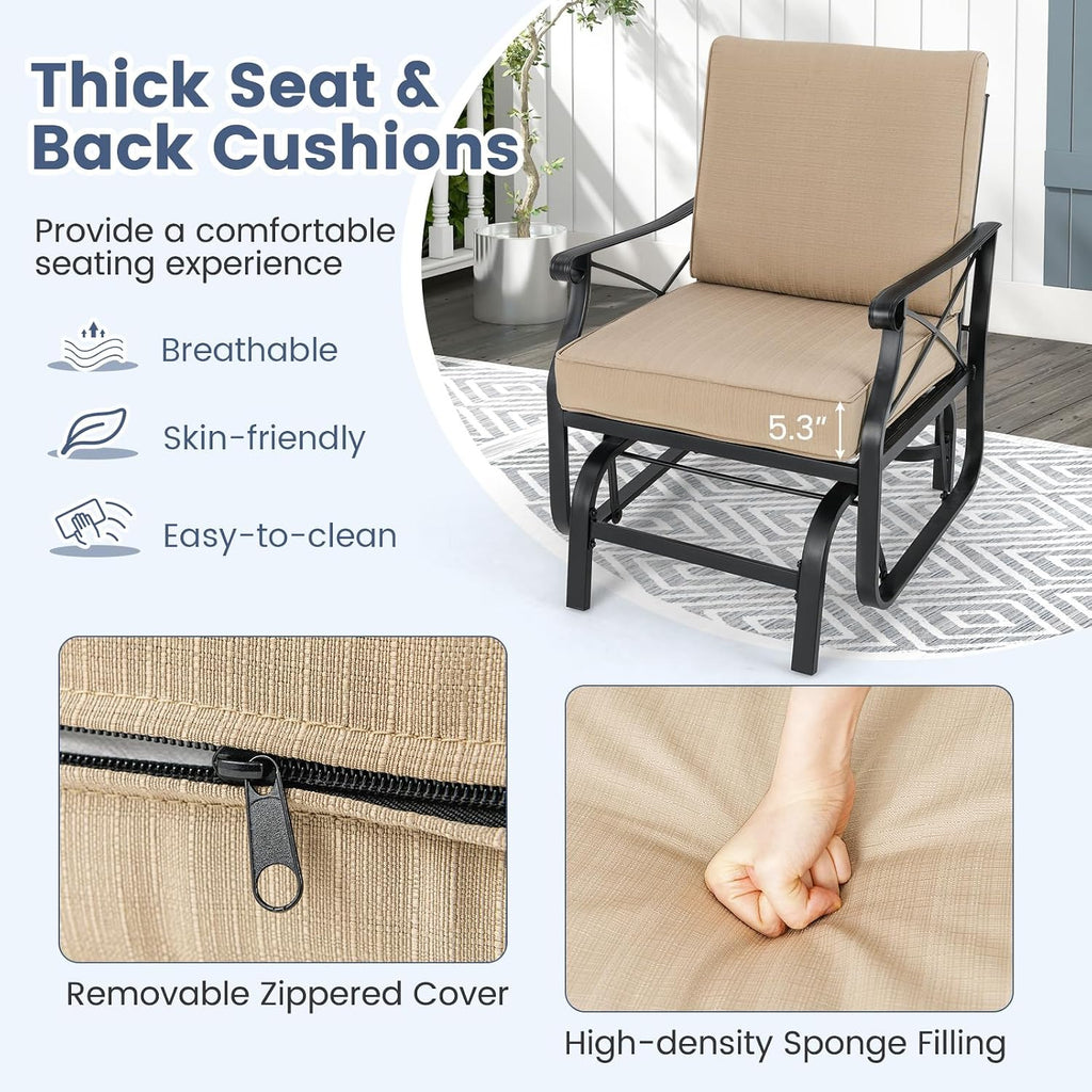 Giantex Outdoor Glider Rocking Chair, Patio Glider with Thick Removable Seat and Back Cushion, Non-Slip Foot Pads, Heavy-Duty Metal Frame, Outdoor Swing Rocking Chairs for Porch, Garden, Yard, Lawn