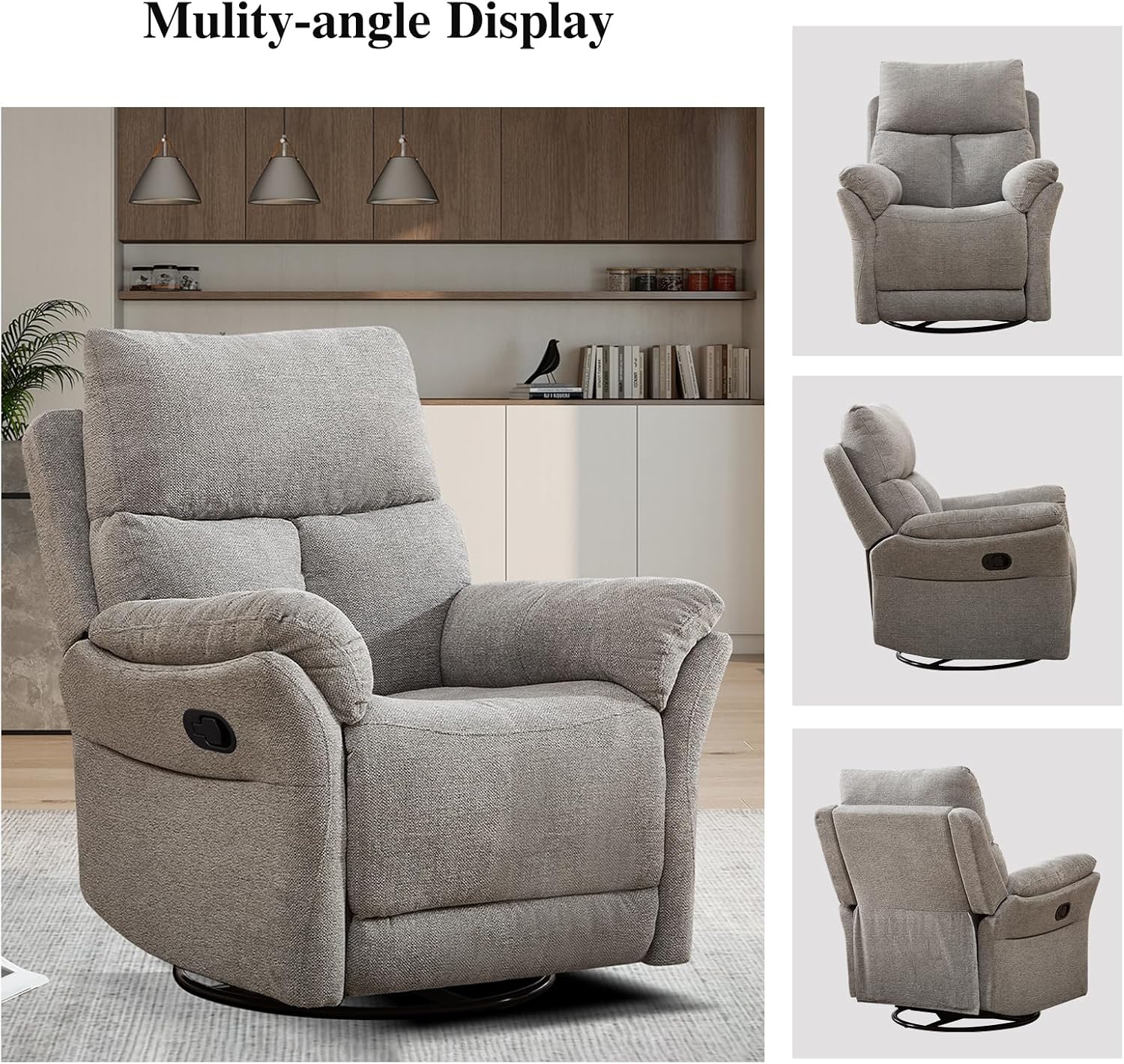 CANMOV Rocker Recliner, Manual Swivel Recliner with Overstuffed Cushion, Nursing Chairs for Living Room, Swivel Glider Recliners with Soft Backrest, Grey
