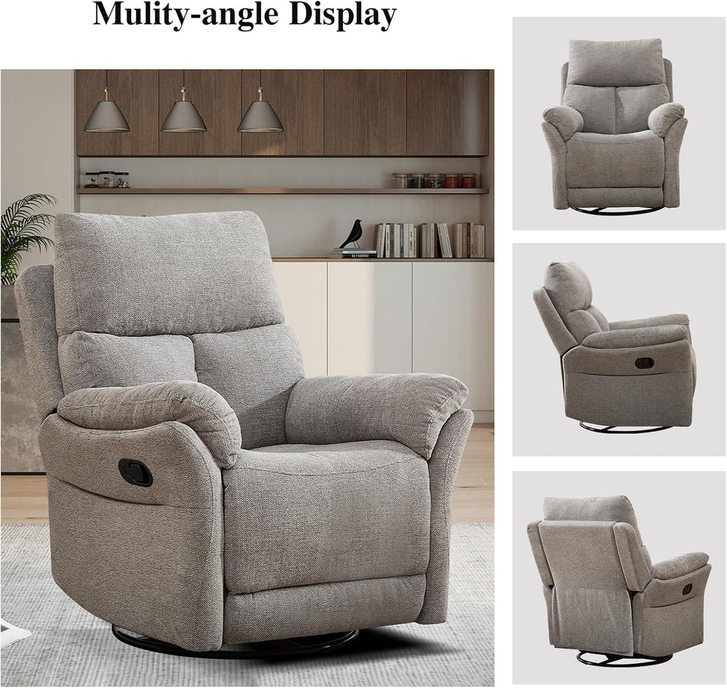 CANMOV Rocker Recliner, Manual Swivel Recliner with Overstuffed Cushion, Nursing Chairs for Living Room, Swivel Glider Recliners with Soft Backrest, Grey